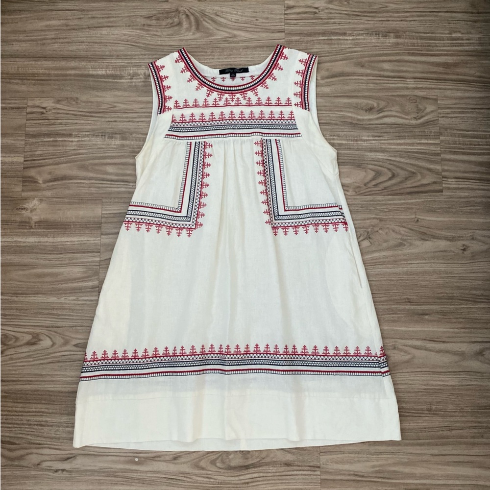 Cream linen dress with beautiful red and black embroidery